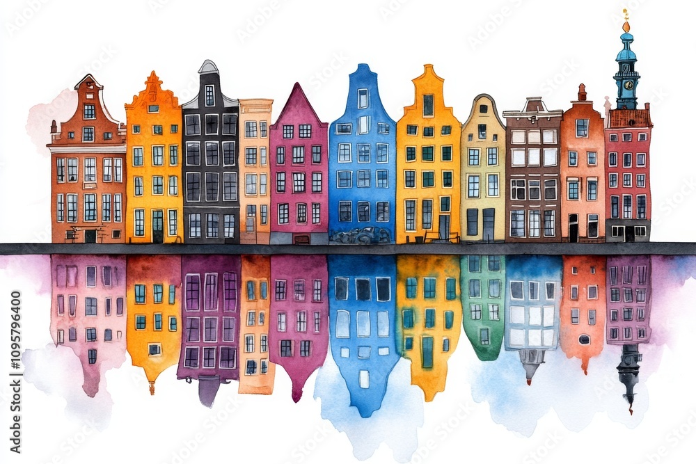 Fototapeta premium Amsterdamâ€™s canals painted in soft watercolor, with reflections of row houses and a delicate pastel sky