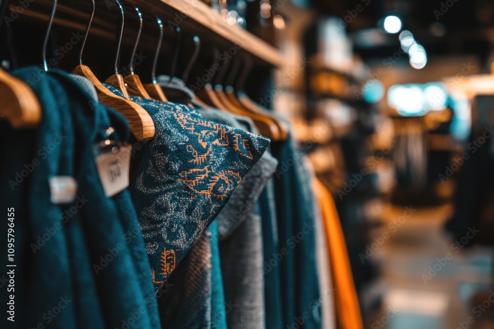 Close-up of blue clothing hanging on wooden hangers in a retail store. Close-up of blue clothing hanging on wooden hangers in a retail store.