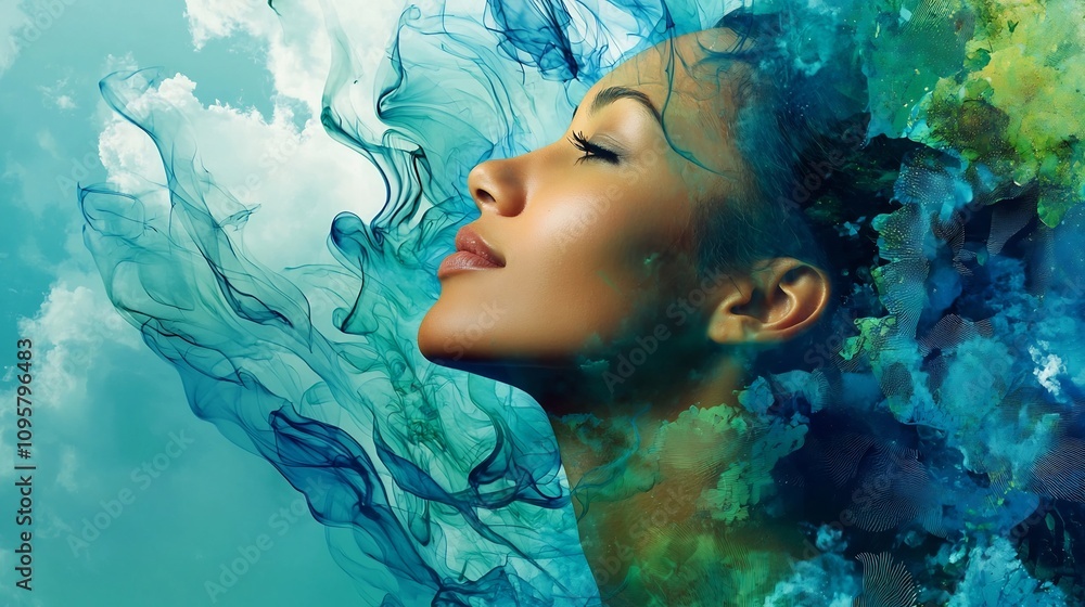 A cool toned serene digital artwork depicting a woman gazing upward surrounded by gentle blue and green abstract forms blending harmoniously with urban design elements creating a visionary emotive