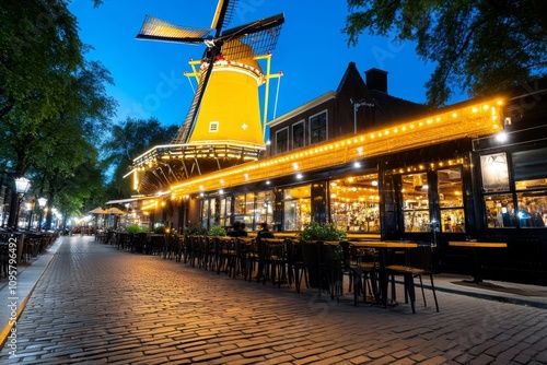 Amsterdamâ€™s historic De Gooyer windmill with a vibrant beer garden bustling with locals and tourists photo