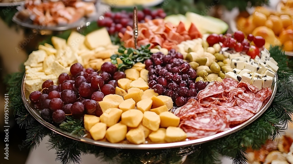 An elegant charcuterie platter featuring various cheeses and meats. An elegant charcuterie platter featuring various cheeses and meats.