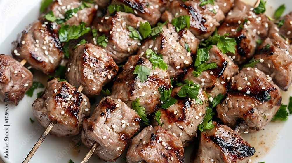A steaming plate of freshly grilled pork skewers garnished with fragrant cilantro and nutty sesame seeds offering a delectable and flavorful culinary experience A steaming plate of freshly grilled pork skewers garnished with fragrant cilantro and nutty sesame seeds offering a delectable and flavorful culinary experience