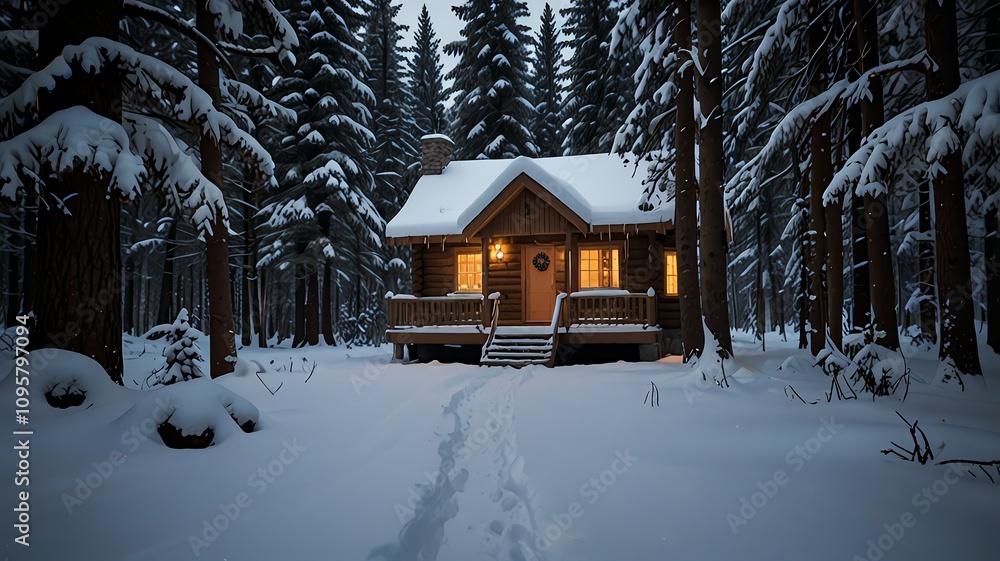 Cozy wooden cabin in a snowy forest landscape, featuring warm lights and a serene winter setting for relaxation and nature-inspired getaways. Cozy wooden cabin in a snowy forest landscape, featuring warm lights and a serene winter setting for relaxation and nature-inspired getaways.