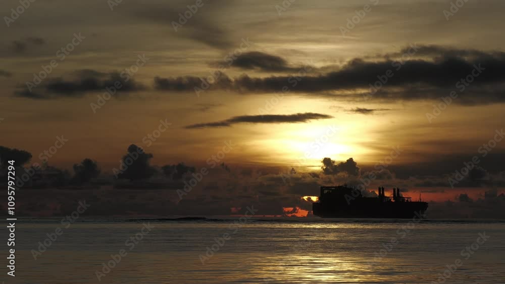 Dramatic sunset skies over the ocean, with a navy ship in the distance Dramatic sunset skies over the ocean, with a navy ship in the distance