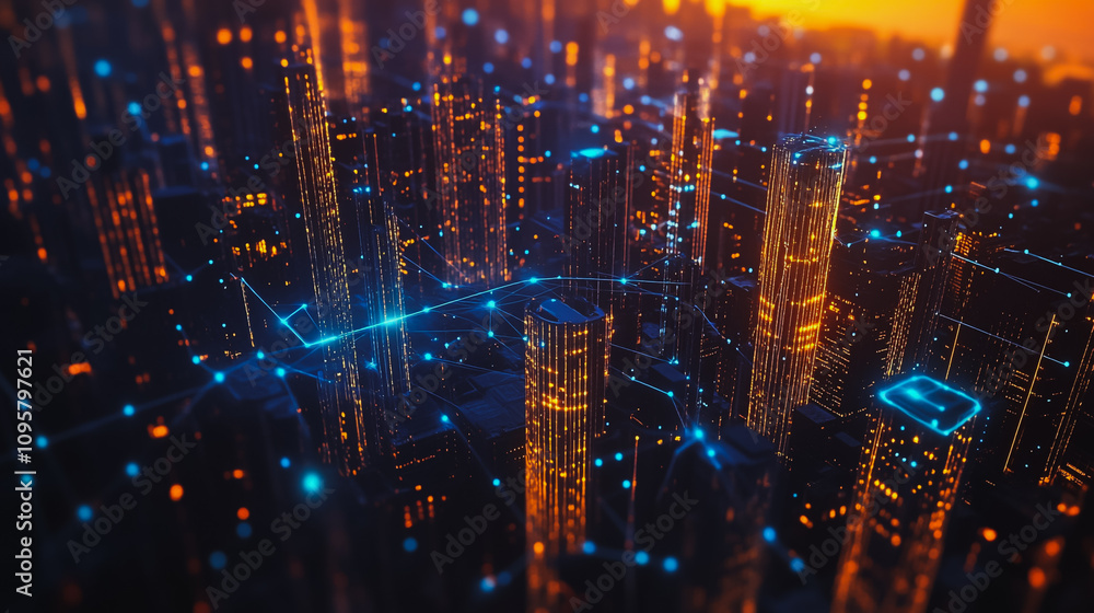 Fototapeta premium Smart digital city with connection Innovation network reciprocity over the sunset cityscape Concept of future wireless digital city and social media networking systems that connects business people