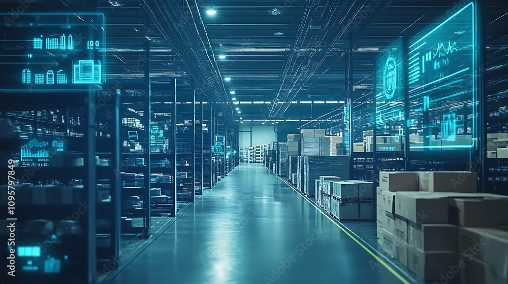 A modern warehouse interior with digital overlays for inventory management. A modern warehouse interior with digital overlays for inventory management.