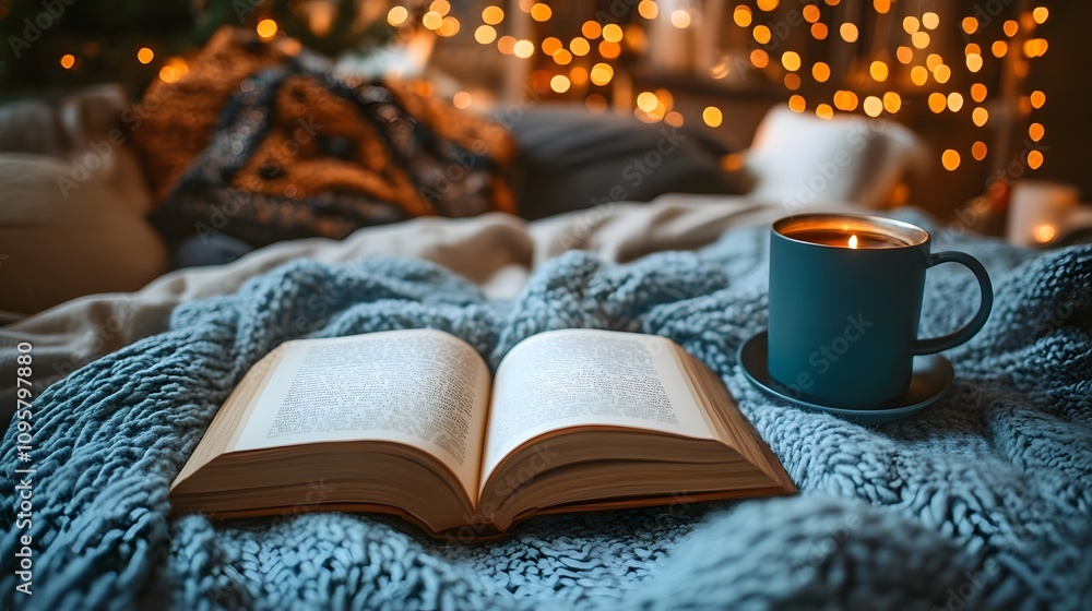 Cozy winter scene with an open book and a candle-lit cup on a textured blanket. Cozy winter scene with an open book and a candle-lit cup on a textured blanket.