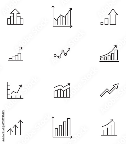Growing bar graph icon set.  Data elements, bar and pie, diagrams for business infographics vector . Charts and Data visualization, linear style icon set. Statistics and analytics Outline icon. 