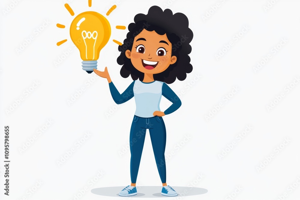 Answer illustrated as a cartoon character holding a glowing light bulb above their head, standing on a plain white canvas Answer illustrated as a cartoon character holding a glowing light bulb above their head, standing on a plain white canvas