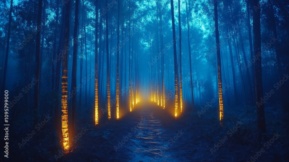 Fototapeta premium Enchanting night forest path with glowing trees and fog.