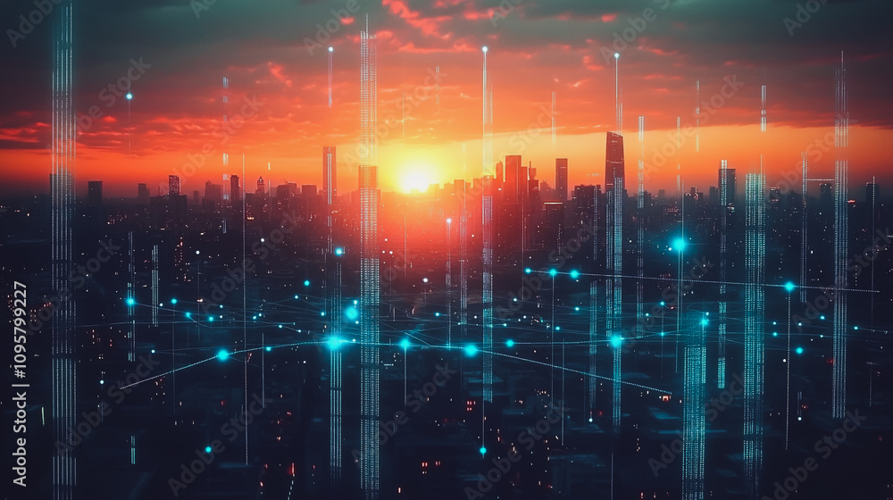 Obraz premium Smart digital city with connection Innovation network reciprocity over the sunset cityscape Concept of future wireless digital city and social media networking systems that connects business people