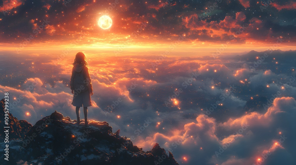 Obraz premium A young female figure gazes at a stunning sunset over a sea of clouds.