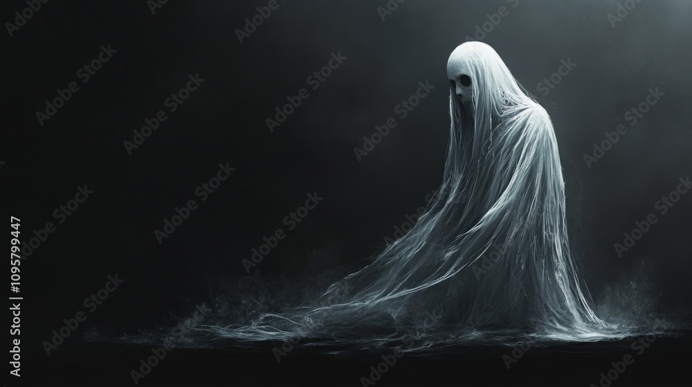 Ethereal figure in flowing white robe, shrouded in mist, dark background. Ethereal figure in flowing white robe, shrouded in mist, dark background.