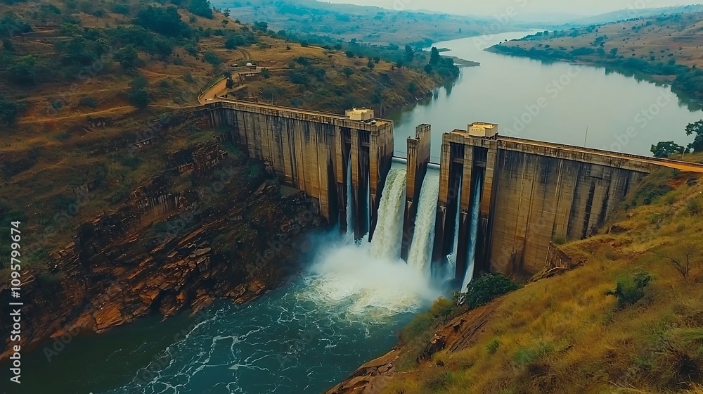 Aerial view of a massive hydroelectric dam with water cascading into a serene reservoir surrounded by rugged mountainous terrain and lush countryside This powerful engineering feat generates clean Aerial view of a massive hydroelectric dam with water cascading into a serene reservoir surrounded by rugged mountainous terrain and lush countryside This powerful engineering feat generates clean