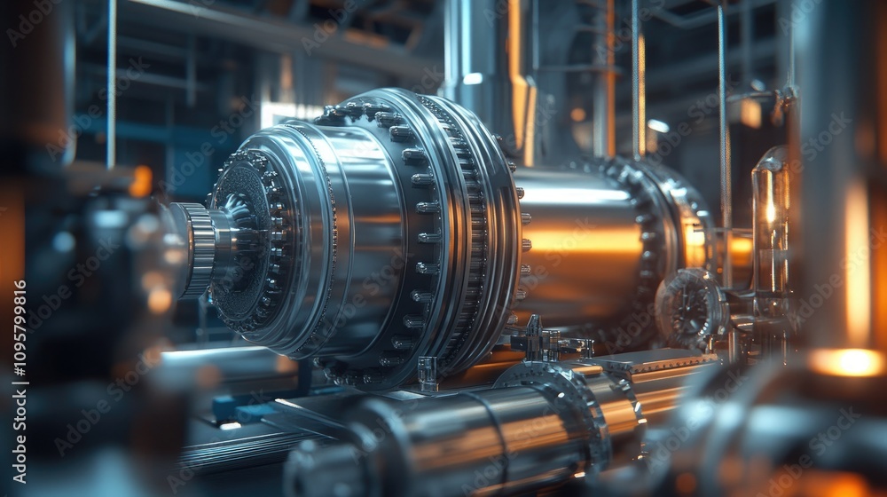 A close-up of a turbine generator connected to a small modular reactor (SMR), converting steam into electrical power in an energy plant A close-up of a turbine generator connected to a small modular reactor (SMR), converting steam into electrical power in an energy plant