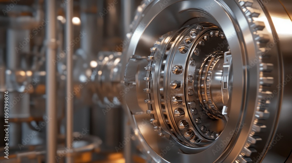 A close-up of a turbine generator connected to a small modular reactor (SMR), converting steam into electrical power in an energy plant A close-up of a turbine generator connected to a small modular reactor (SMR), converting steam into electrical power in an energy plant