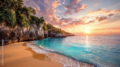 Screensaver. Scenic tropical beach at sunset with cliffs and waves gently lapping the shore