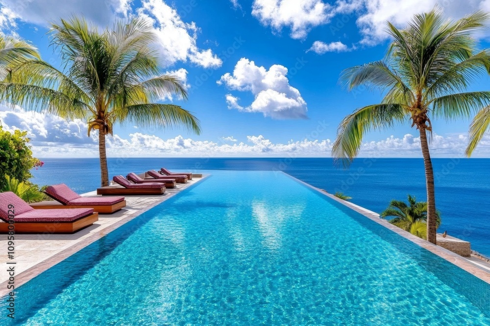 Obraz premium Aqua infinity pool overlooking a serene ocean view, with modern lounge chairs and an open sky above