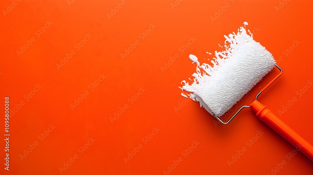 Obraz premium A paint roller coated with white paint rests on a vibrant orange background, representing creativity and home improvement.