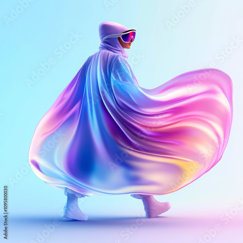 Vibrant figure walking in colorful cape, showcasing modern fashion. photo