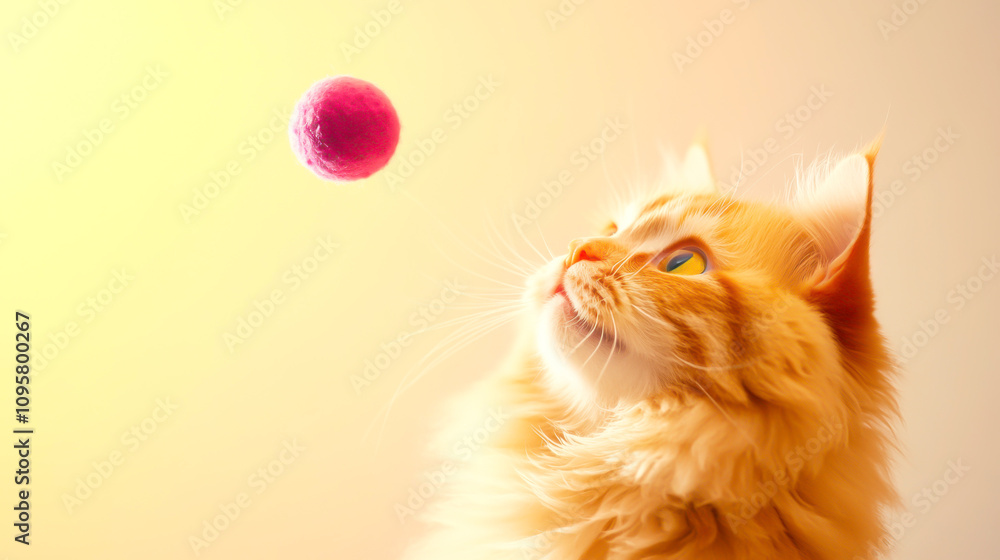 Naklejka premium Playful cat gazing at a colorful ball in a warm setting.