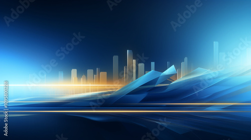 Digital Cityscape with Neon Blue Skyscrapers, 3d city model in perspective with blue buildings and glass materials glowing in light blue color.