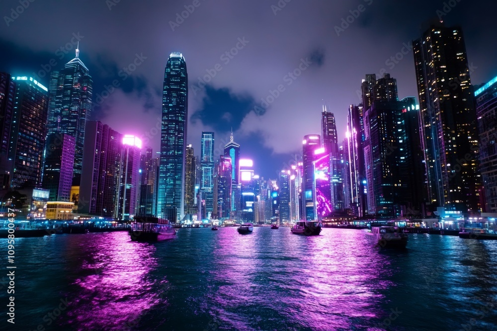 Fototapeta premium Aqua neon-lit cyberpunk city with glowing waterways, futuristic boats, and holographic advertisements floating above the canals