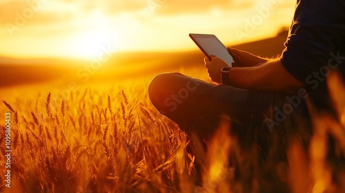 A person enjoys a peaceful moment in a golden wheat field at sunset while using a digital tablet, embodying tranquility and connection. photo