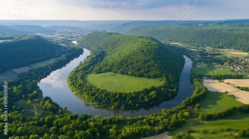 Breathtaking aerial view of a lush verdant forest with a meandering river winding its way through the serene natural landscape  The vibrant greenery and peaceful setting create an idyllic