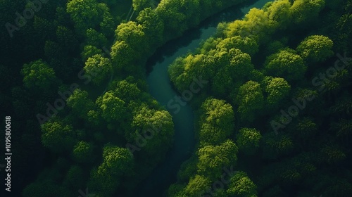 Breathtaking aerial view of a lush verdant forest with a serene river winding its way through the dense canopy of trees This scenic