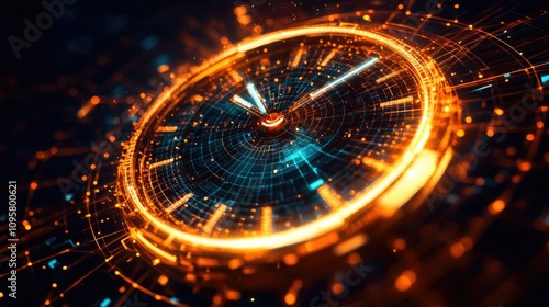 A glowing, futuristic digital clock surrounded by intricate mesh lines, highlighting productivity and data-driven decision-making in a modern business setting
