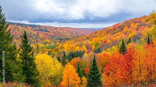 Breathtaking aerial view of a vibrant autumn forest landscape with trees in shades of orange yellow and green set against a scenic mountain backdrop