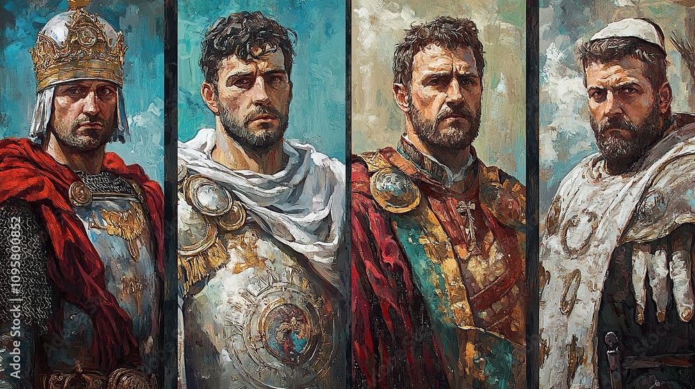 Four men in historical clothing, portraits. Four men in historical clothing, portraits.