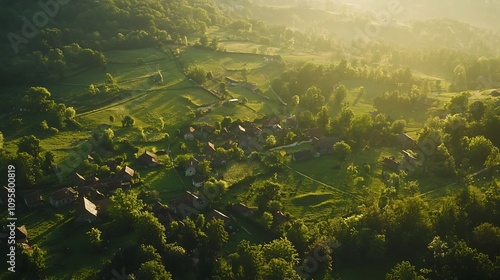 Breathtaking high angle view of a picturesque countryside landscape featuring lush green rolling hills charming villages nestled among the valleys and a serene pastoral atmosphere photo