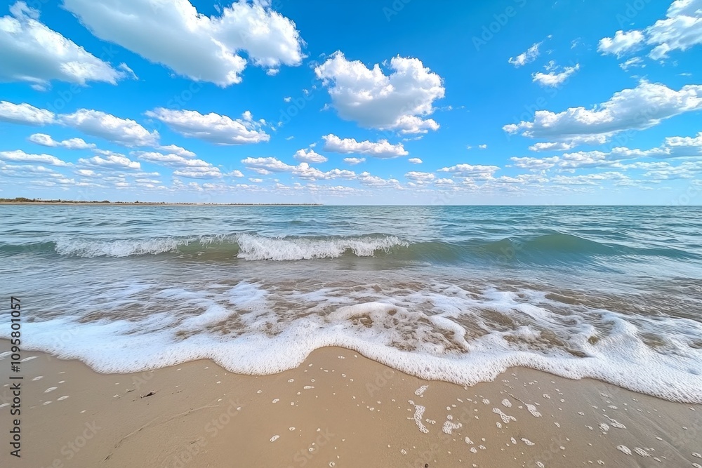 Aqua waves in slow motion, captured under a bright blue sky with fluffy white clouds overhead Aqua waves in slow motion, captured under a bright blue sky with fluffy white clouds overhead