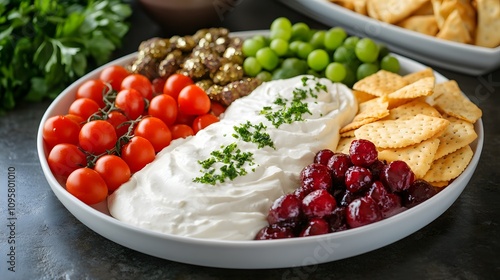 Vibrant platter of fresh vegetables and creamy dips, perfect for gatherings.