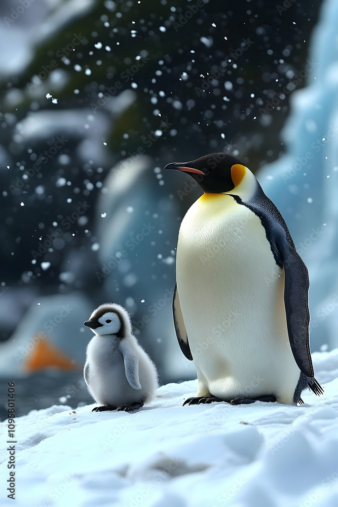 Fototapeta premium Emperor Penguin Chick and Parent in Snow