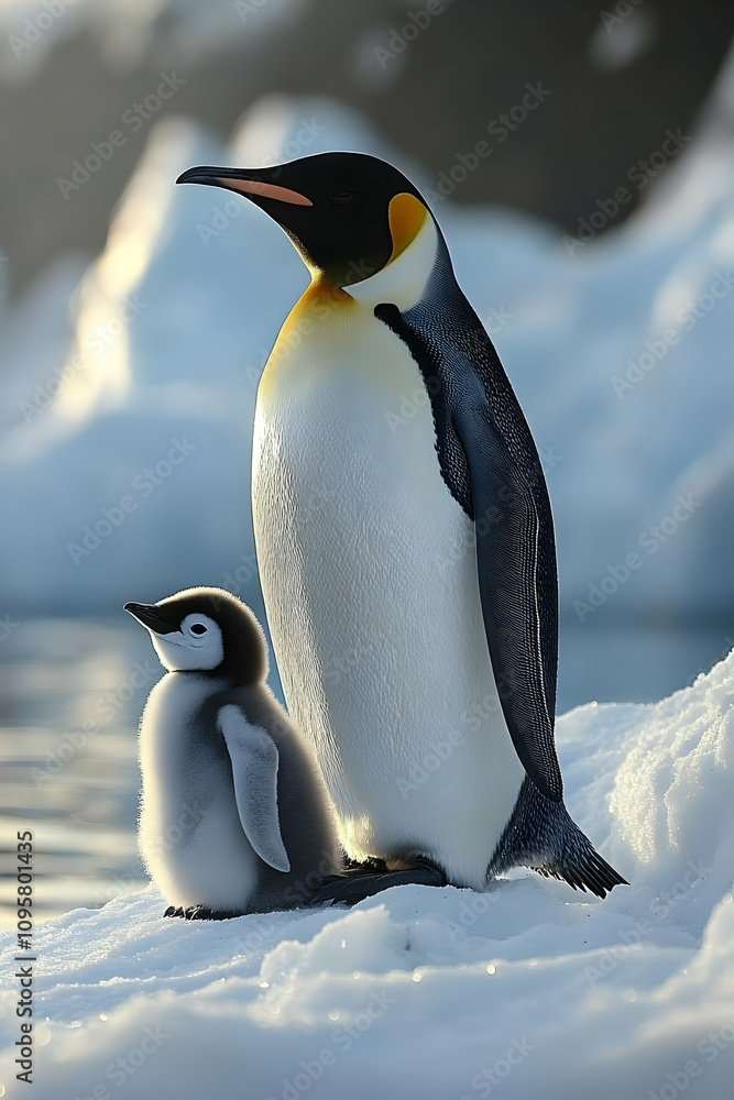 Fototapeta premium King Penguin and Chick Realistic Wildlife Photo