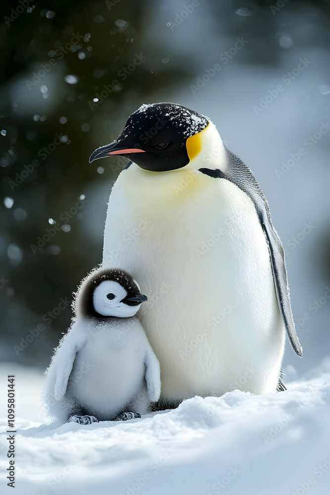Fototapeta premium Emperor Penguin and Chick in Snowy Landscape Photo