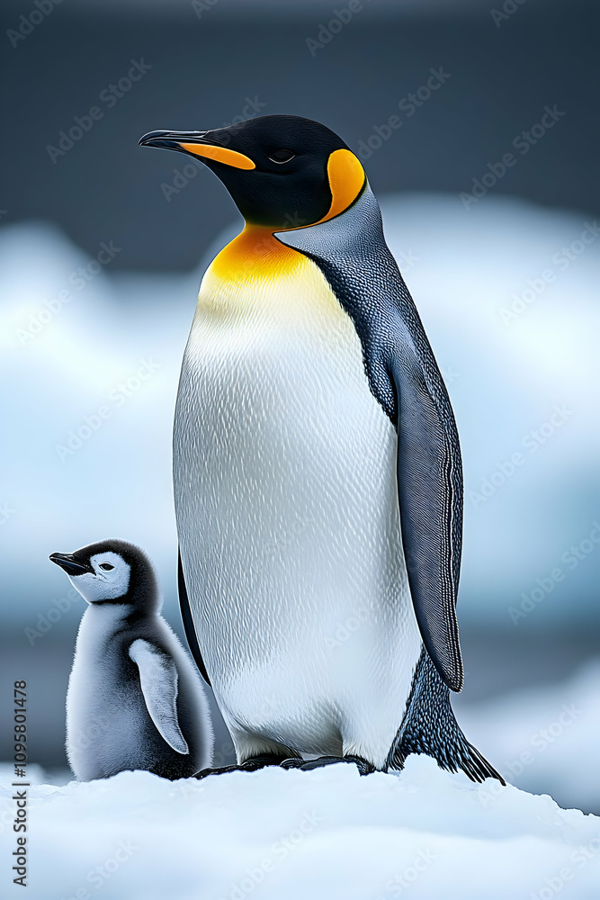 Obraz premium King Penguin and Chick Winter Illustration