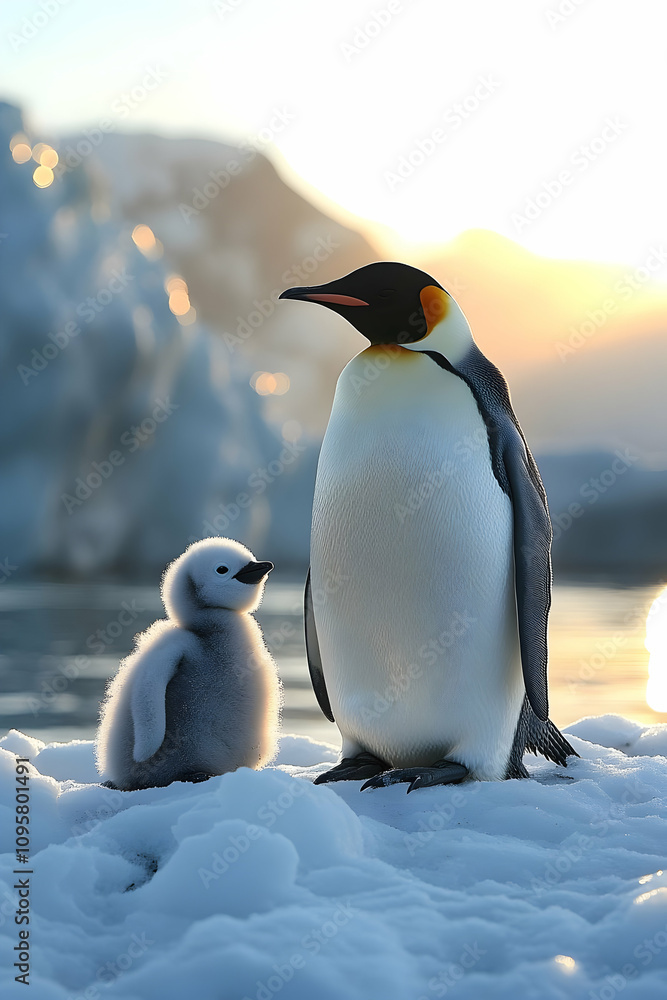 Obraz premium Emperor Penguin and Chick in Sunset