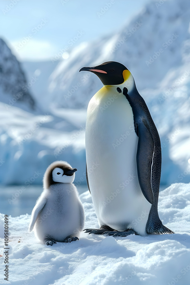 Obraz premium Emperor Penguin and Chick in Snowy Landscape - Realistic Wildlife Photo