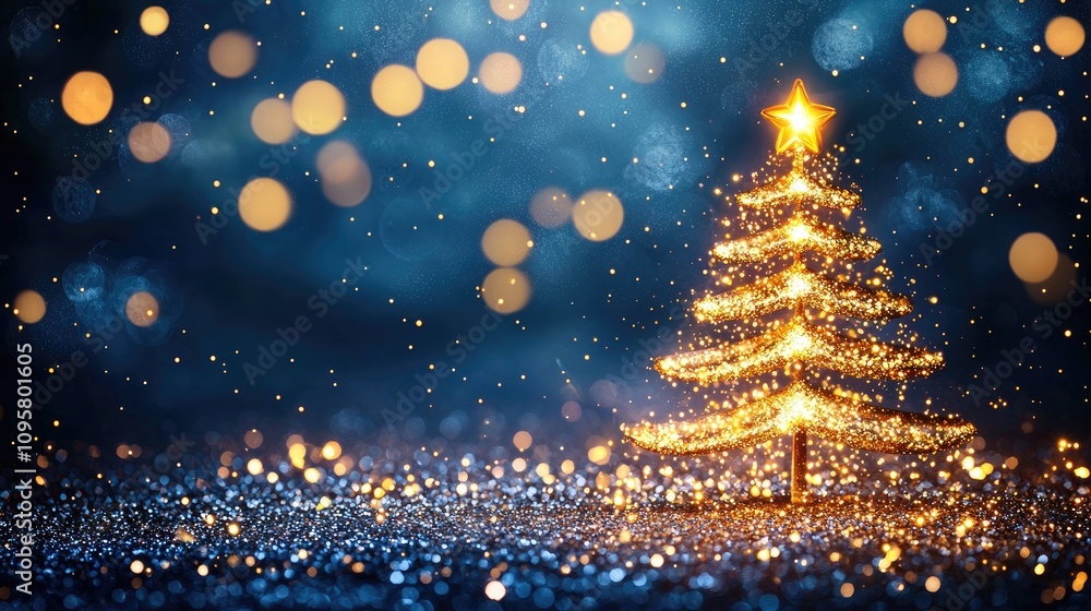 A shiny, golden Christmas tree of light, glittering and sparkling against a dark blue background with glowing lights and stars, creating an enchanting A shiny, golden Christmas tree of light, glittering and sparkling against a dark blue background with glowing lights and stars, creating an enchanting