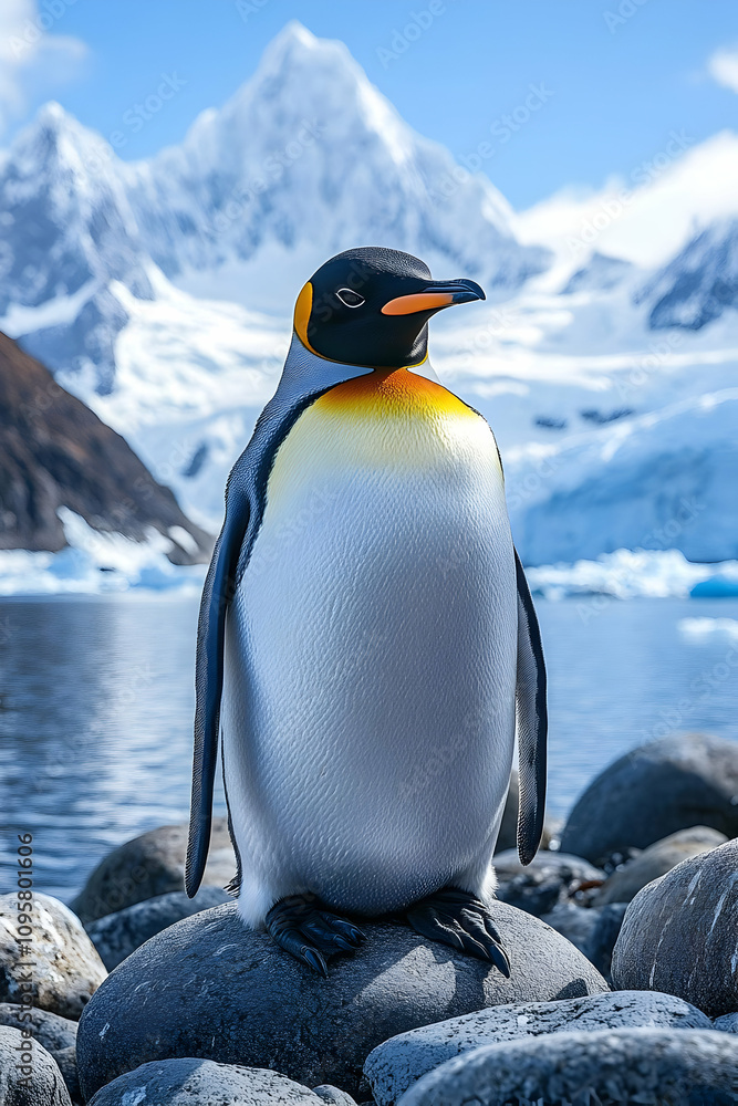 Fototapeta premium Majestic King Penguin on Antarctic Rocks
