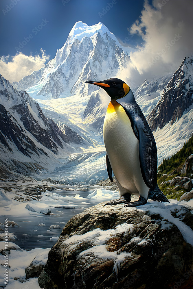 Fototapeta premium Majestic King Penguin in Glacial Landscape Illustration