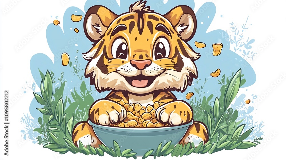 Cheerful and Vibrant of a Tiger Sitting in a Bowl of Cereal Depicting a Cheerful Breakfast Concept The Playful and Lively Artwork Features a Smiling Tiger Character in a Digital Graphic Style Cheerful and Vibrant of a Tiger Sitting in a Bowl of Cereal Depicting a Cheerful Breakfast Concept The Playful and Lively Artwork Features a Smiling Tiger Character in a Digital Graphic Style