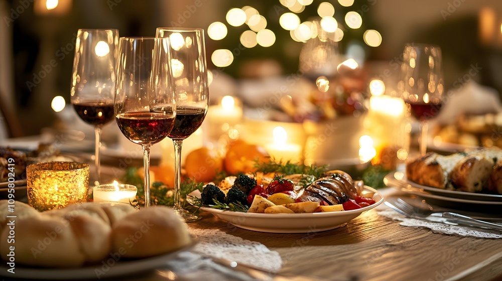 A festive dinner table set with wine, delicious food, and warm candlelight ambiance. A festive dinner table set with wine, delicious food, and warm candlelight ambiance.