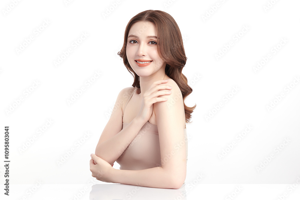 Obraz premium Beautiful young asian woman with clean fresh skin on white background, Face care, Facial treatment, Cosmetology, beauty and spa, Asian women portrait.