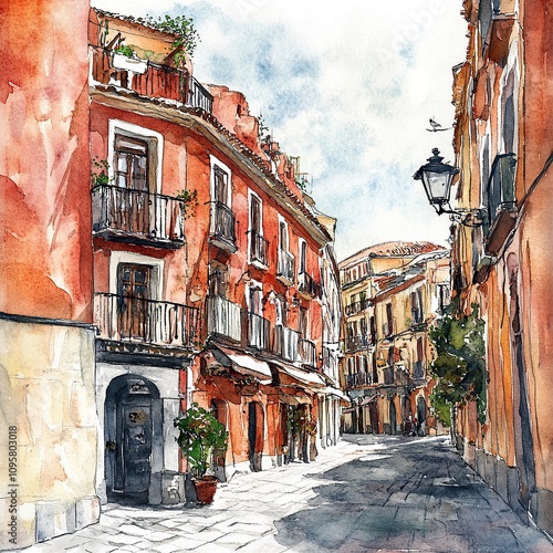 Watercolor illustration of a narrow cobblestone street in a European city with red buildings and balconies, a lamppost, and a bird in the sky. photo