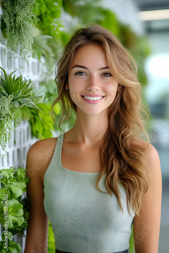 Smiling Woman near Green Wa...